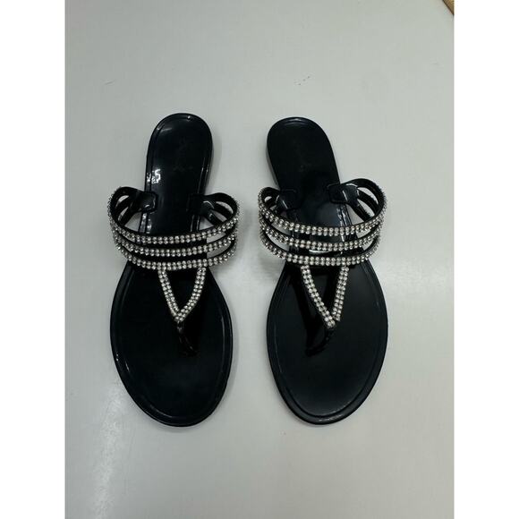Qupid Womens Sandals Size 41 Black Gem Embellished Thong Slip On - Picture 1 of 9